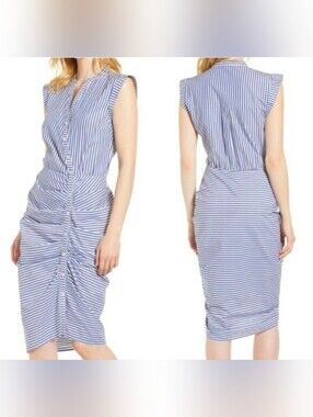 Chelsea28 Stripe Ruched Shirt Dress Sleeveless Midi Blue And White